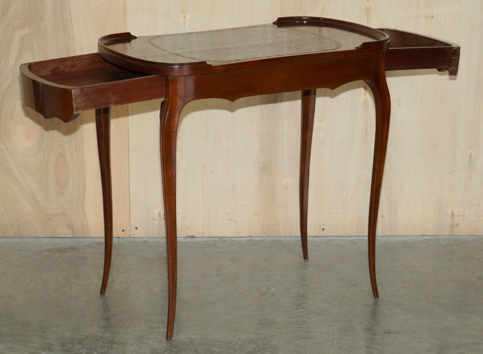 photo furniture Restored Antique Kidney Shaped Occasional Table With Drawers Brown Leather Top