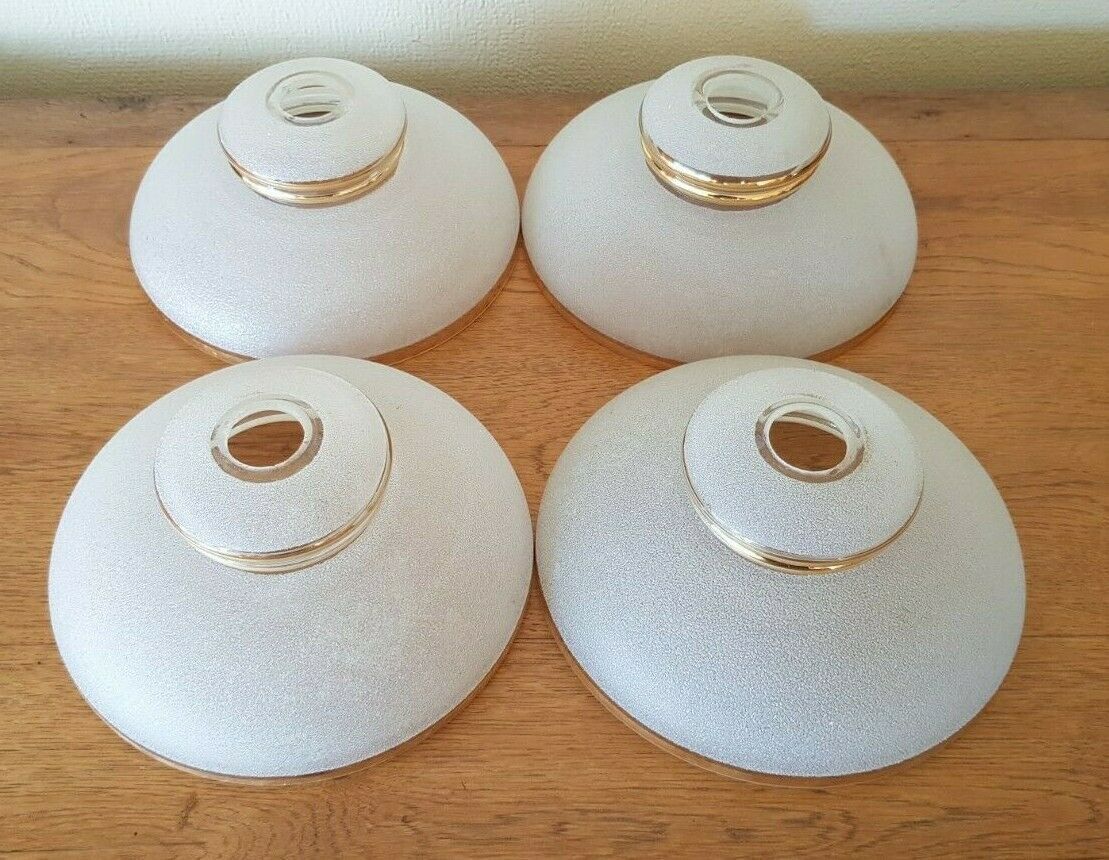 French Vintage Retro Set Of 4 White Opaque Textured Glass Shades Gold Band   French Vintage Lighting. Vintage Retro Replacement Shades.