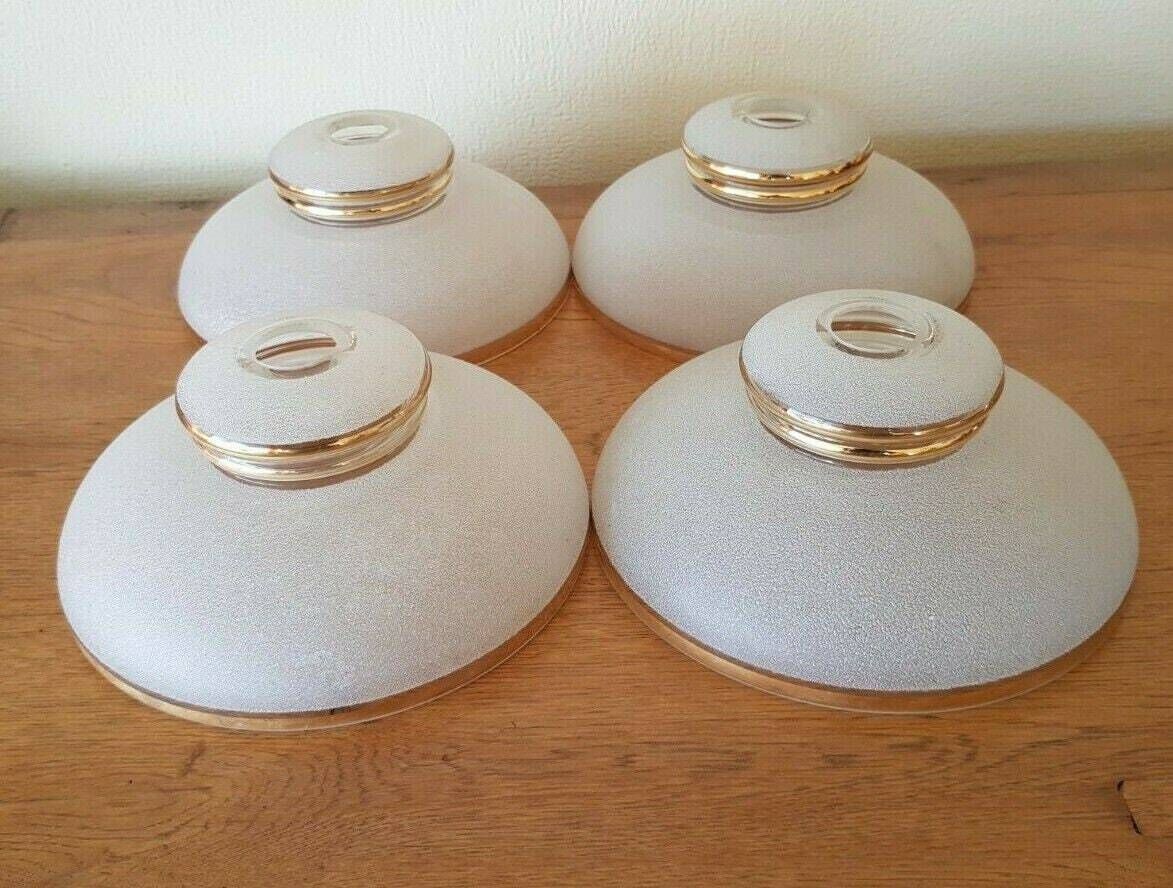 French Vintage Retro Set Of 4 White Opaque Textured Glass Shades Gold Band   French Vintage Lighting. Vintage Retro Replacement Shades. photo furniture
