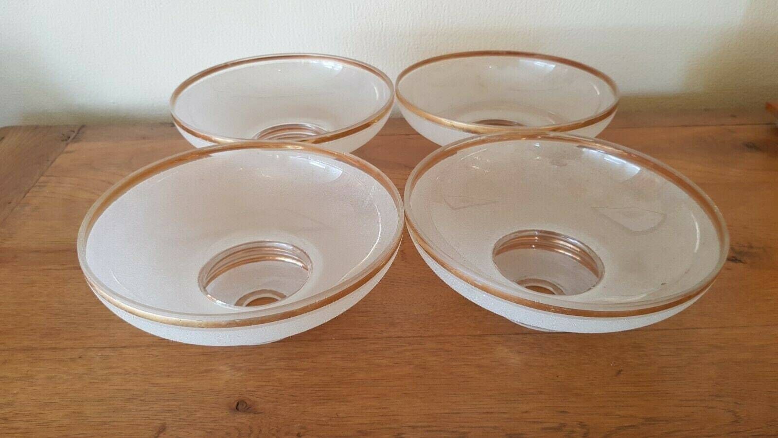 French Vintage Retro Set Of 4 White Opaque Textured Glass Shades Gold Band   French Vintage Lighting. Vintage Retro Replacement Shades. photo for sale