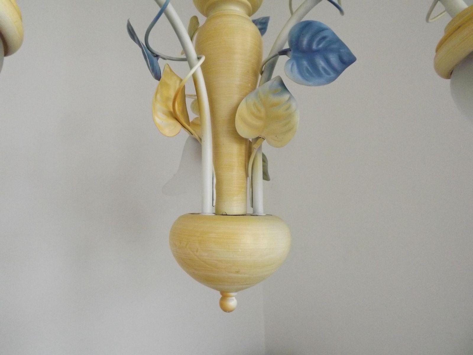 Vintage French 3 Light Toleware Chandelier Blue & Yellow Leaves Flower Opaque Glass Shade   French Vintage Lighting. 3 Light Chandelier. photo buy