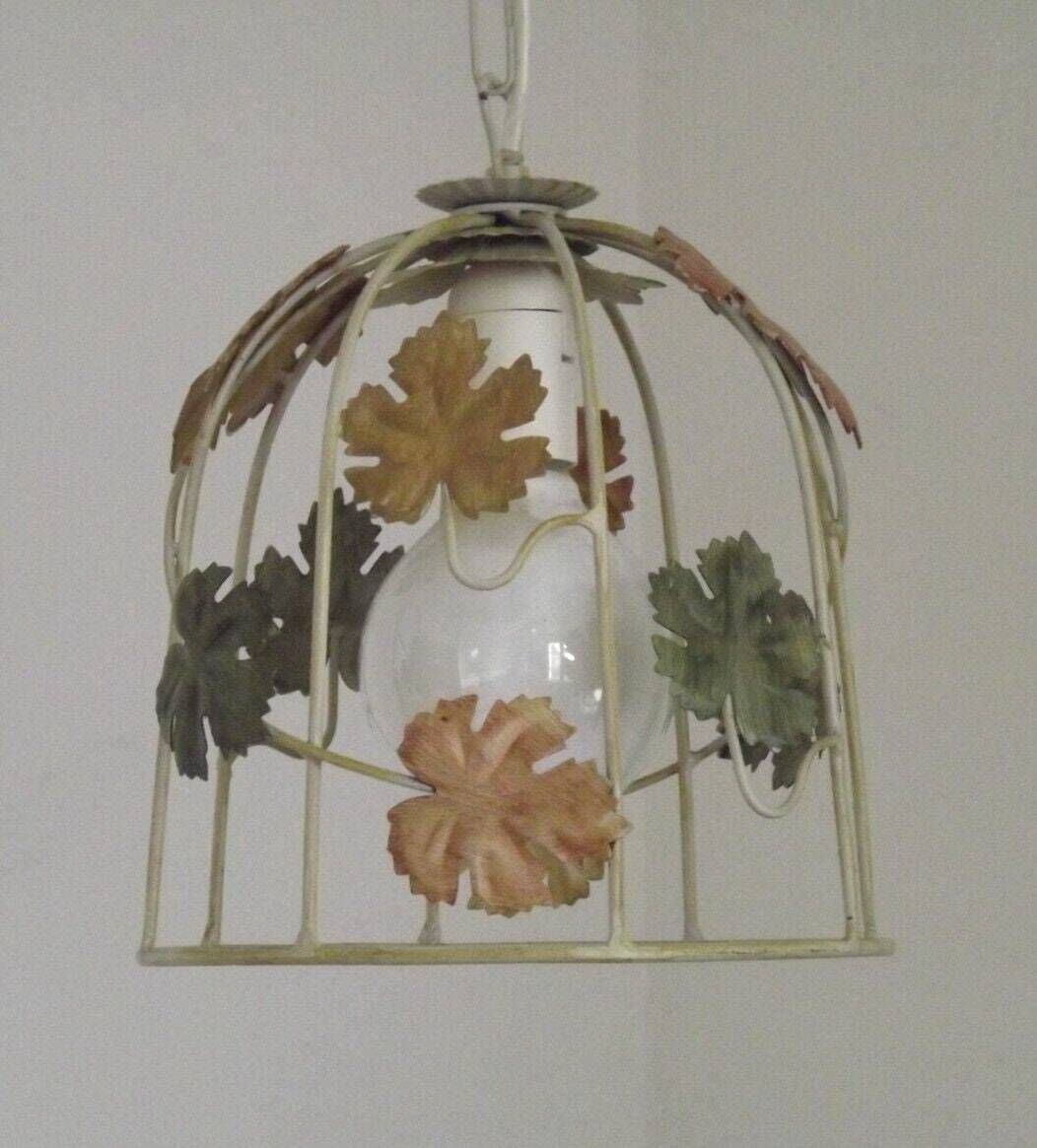 Vintage French Cream Cage Style Toleware Ceiling Light With Autumn Leaves   Vintage French Lighting. Autumn Leaf. Single Light.