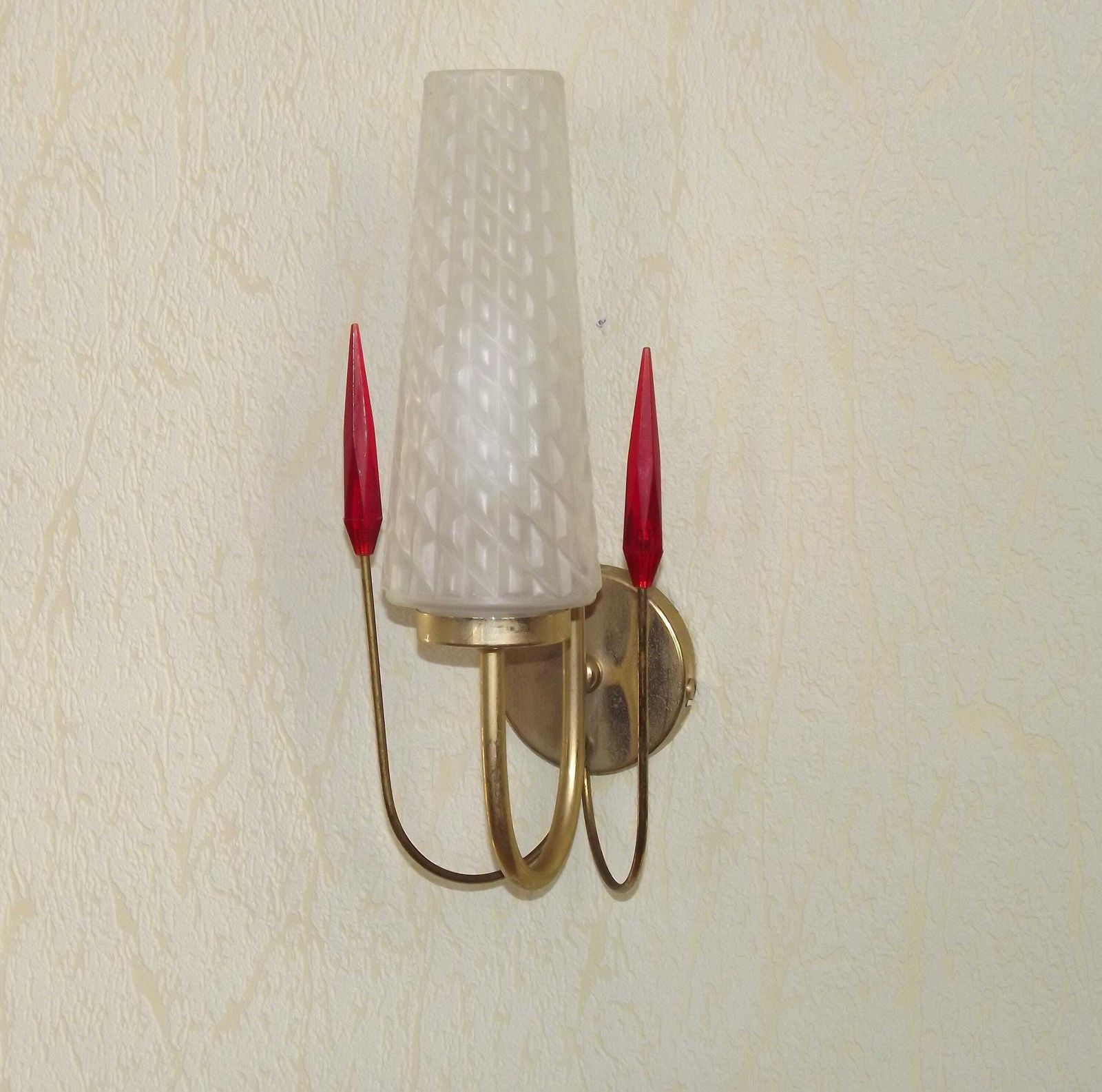 French Vintage Retro 1960s Single Wall Light In Gold Metal With Opaque Patterned Glass Shade   French Vintage Lighting. Retro Wall Sconce. photo for sale