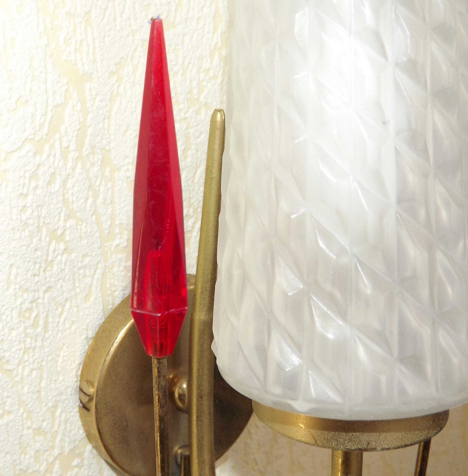 photo furniture French Vintage Retro 1960s Single Wall Light In Gold Metal With Opaque Patterned Glass Shade   French Vintage Lighting. Retro Wall Sconce.