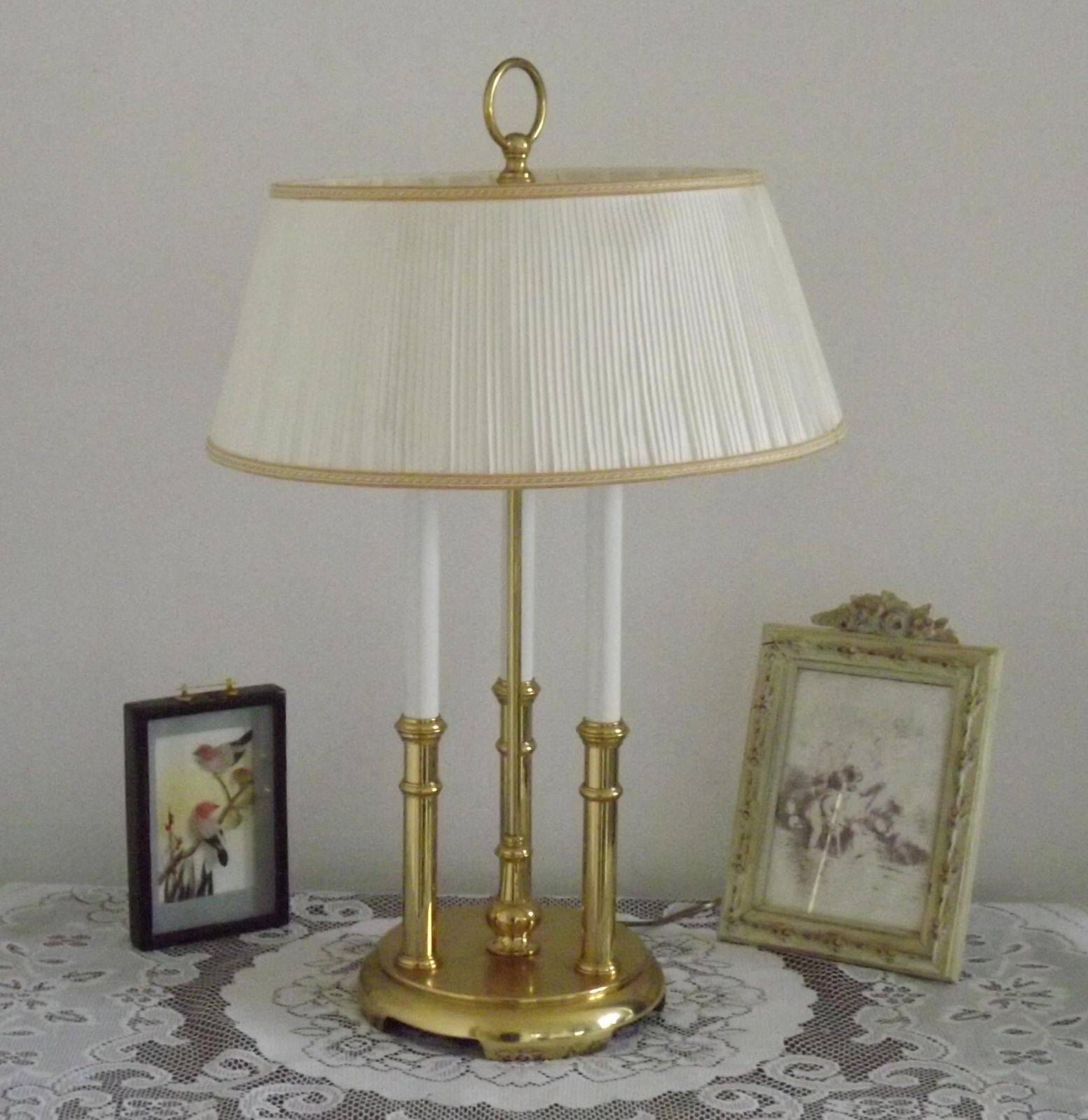 French Vintage Brass 3 Light Boulotte Table Lamp With Cream Pleated Shade   French Vintage Lighting. Quality Brass Table Lamp. 3 Light Lamp.