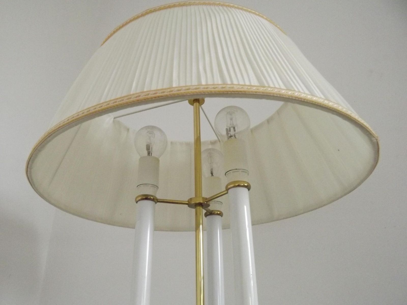 photo for sale French Vintage Brass 3 Light Boulotte Table Lamp With Cream Pleated Shade   French Vintage Lighting. Quality Brass Table Lamp. 3 Light Lamp.