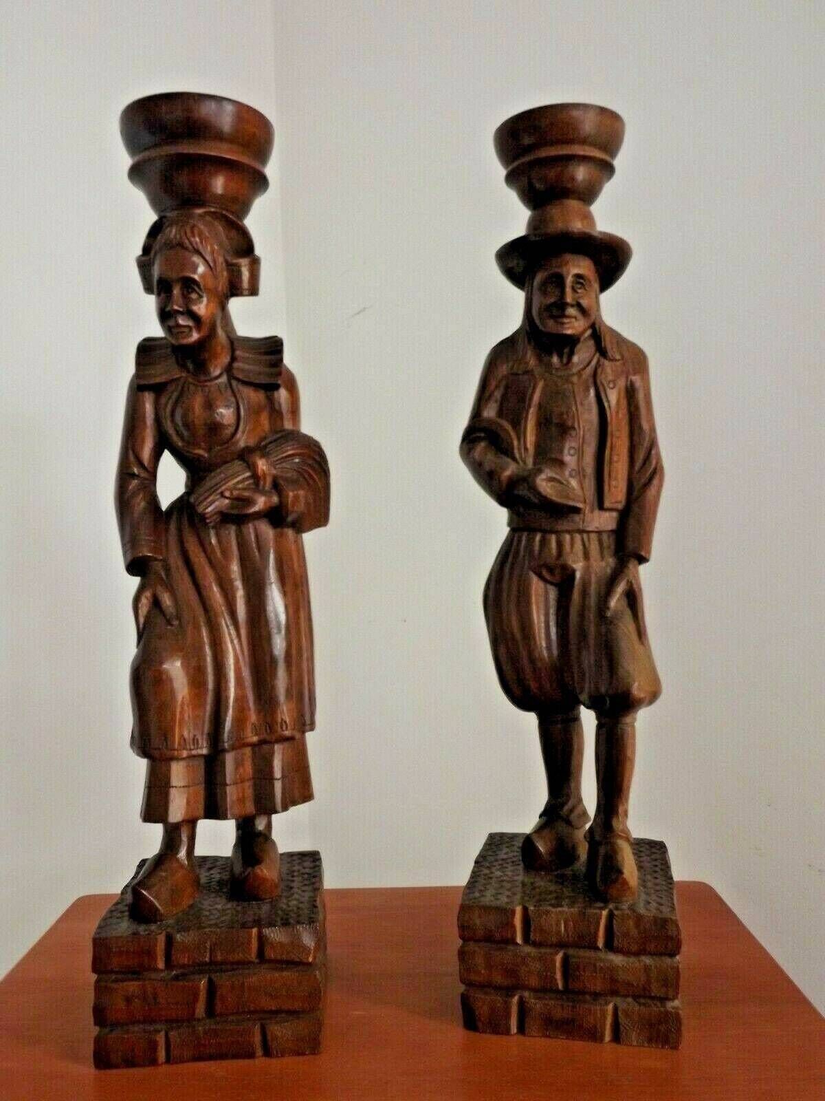 Pair Antique Hand Carved Wood French Breton Brittany Figurines Lady & Man   French Antique Carved Figurines. Pair Breton Figurines