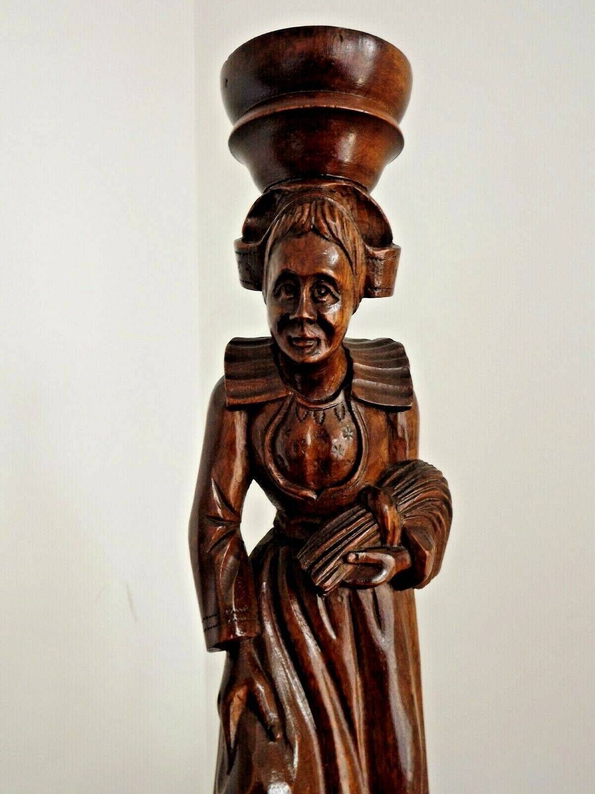 Pair Antique Hand Carved Wood French Breton Brittany Figurines Lady & Man   French Antique Carved Figurines. Pair Breton Figurines photo for sale