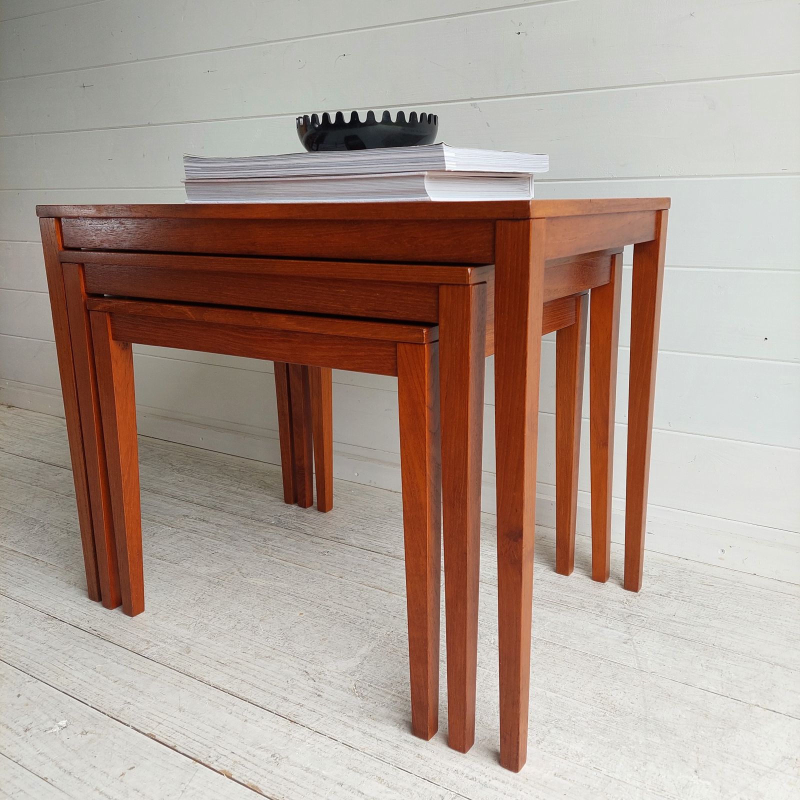 275.0 Mid Century Danish Teak Nest Of Tables  Bent Silberg Møbler Style Nesting Side Tables 60s photo
