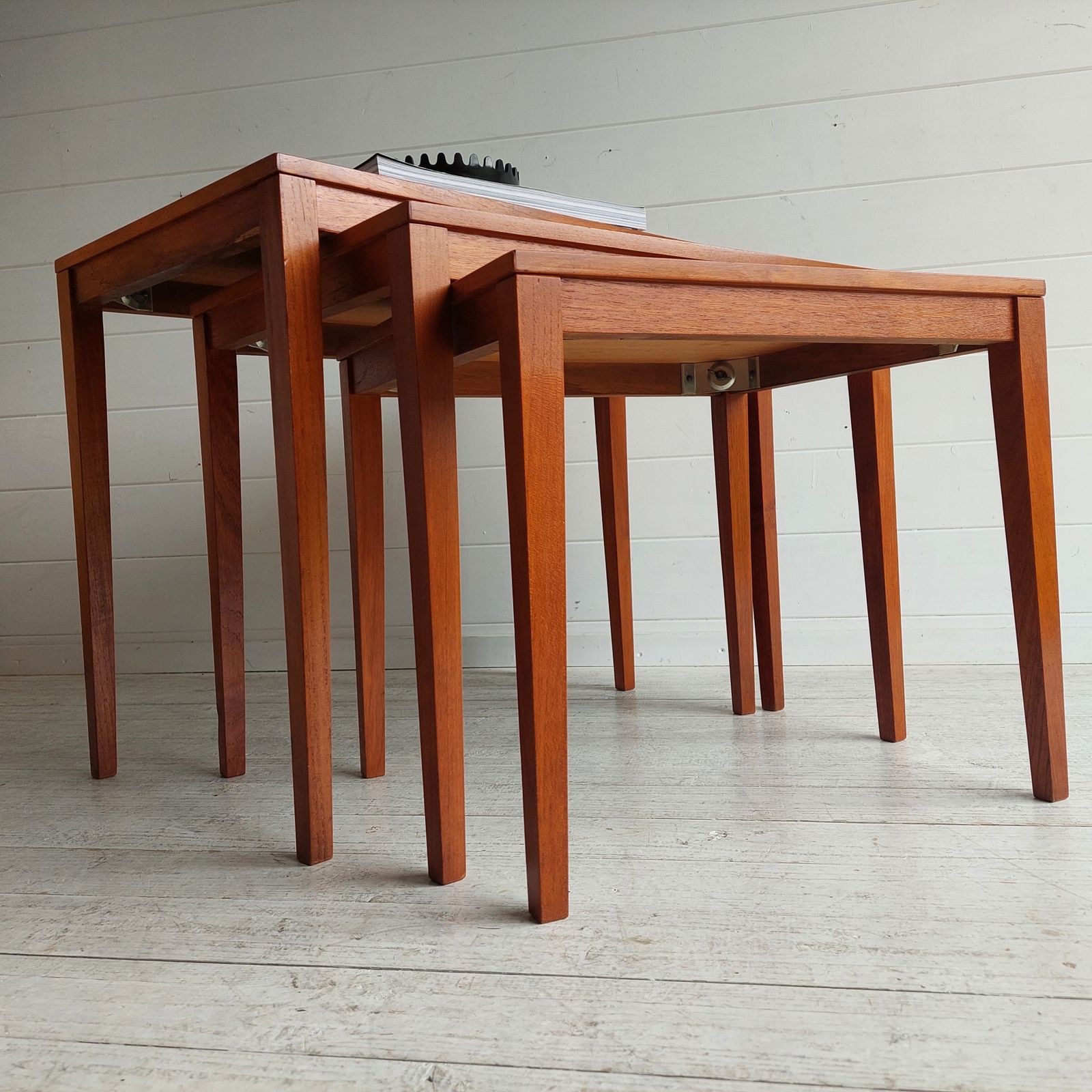 photo vintage Mid Century Danish Teak Nest Of Tables  Bent Silberg Møbler Style Nesting Side Tables 60s
