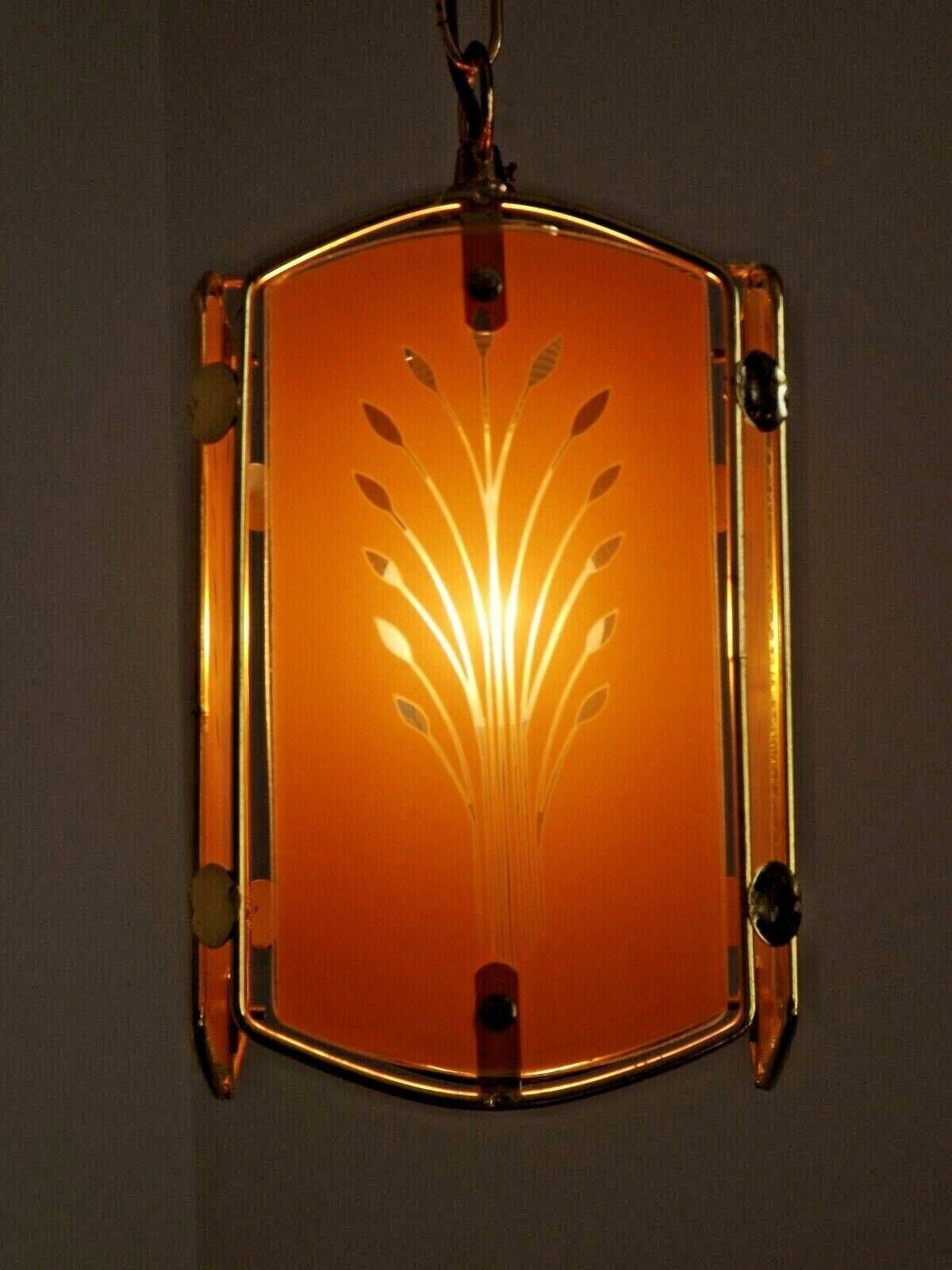 Vintage French Gold Metal Ceiling Light Wheat Sheaf Orange Glass Panels   French Vintage Lighting. Glass Panel Light. Wheatsheaf Pattern. photo for sale