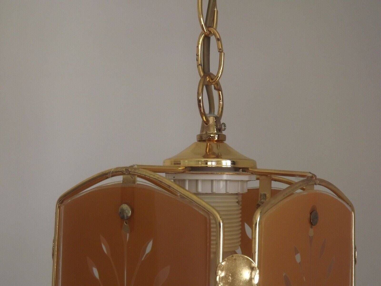Vintage French Gold Metal Ceiling Light Wheat Sheaf Orange Glass Panels   French Vintage Lighting. Glass Panel Light. Wheatsheaf Pattern. photo vintage