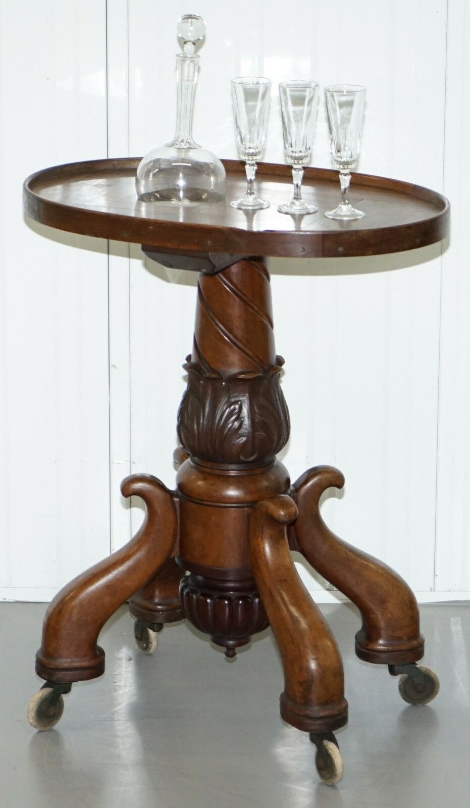 Rare Victorian 1860 Mahogany Drinks Table With Crystal Decanter & Glasses Wheels photo for sale