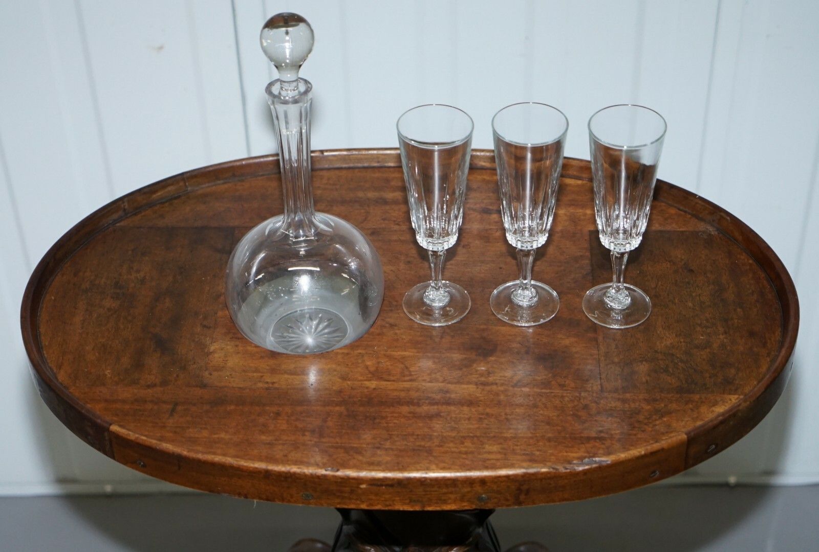 Rare Victorian 1860 Mahogany Drinks Table With Crystal Decanter & Glasses Wheels photo Furniture