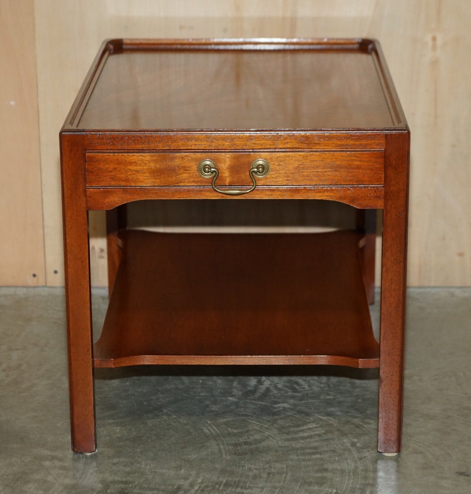 Pair Of Stunning Long Two Tiered Side Tables With Large Drawers & Faux To Back photo for sale