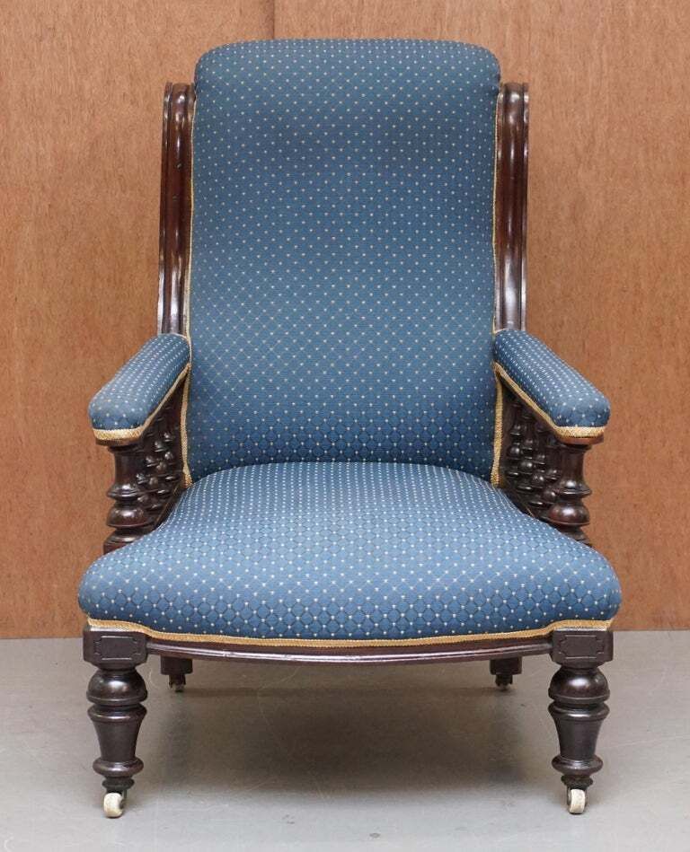 Lovely Early Victorian Hardwood Library Reading Armchair Regency Blue Upholstery photo furniture