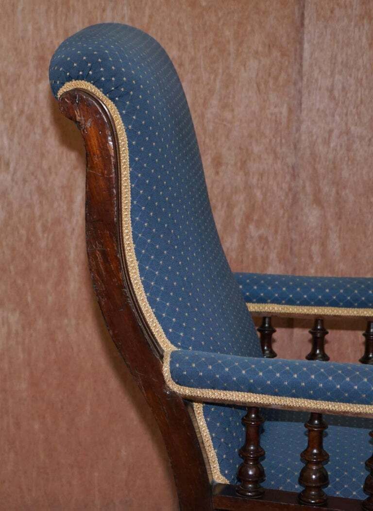 photo for sale Lovely Early Victorian Hardwood Library Reading Armchair Regency Blue Upholstery