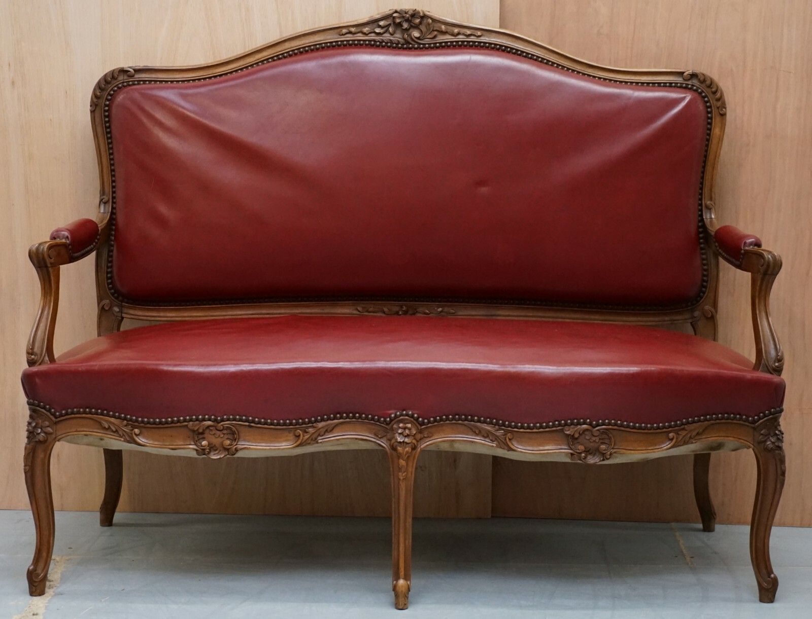 Oxblood Leather French Louis XV Style Salon Suite Walnut Armchairs & Sofa Settee photo for sale
