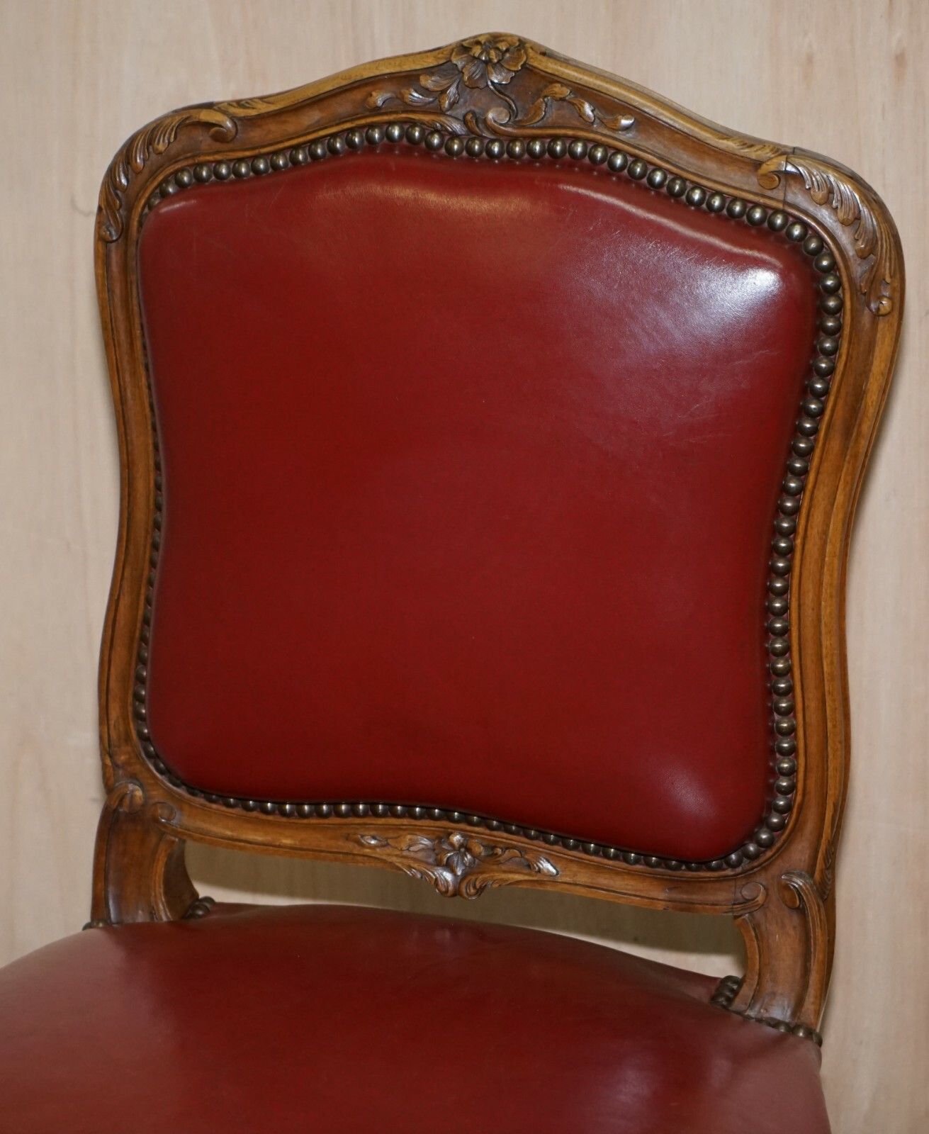 1850.0 Oxblood Leather French Louis XV Style Salon Suite Walnut Armchairs & Sofa Settee photo
