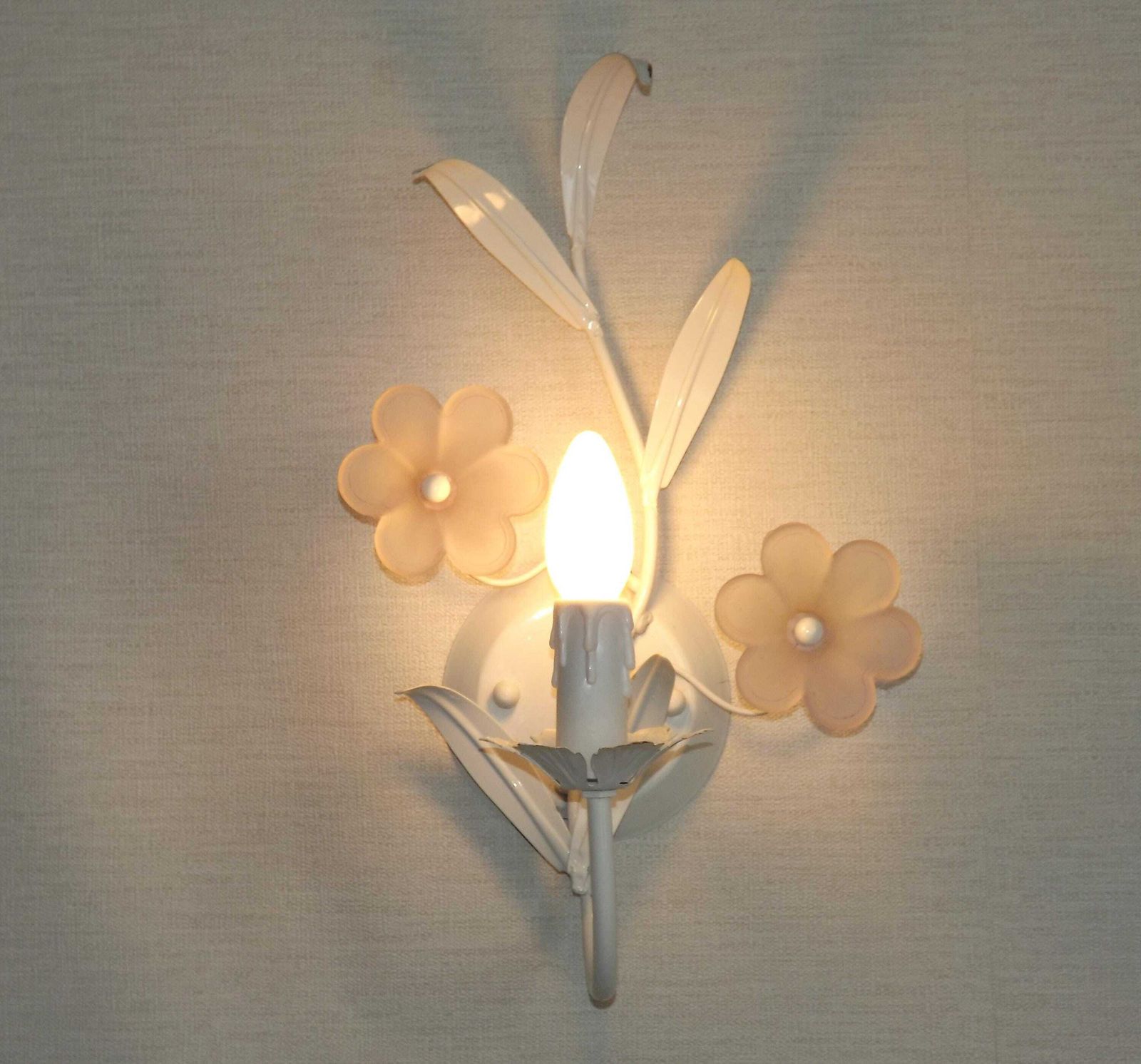 French Vintage White Toleware Double Wall Light Pink Glass Flowers   French Vintage Lighting. Double Toleware Sconce. Pink Glass Flowers. photo furniture