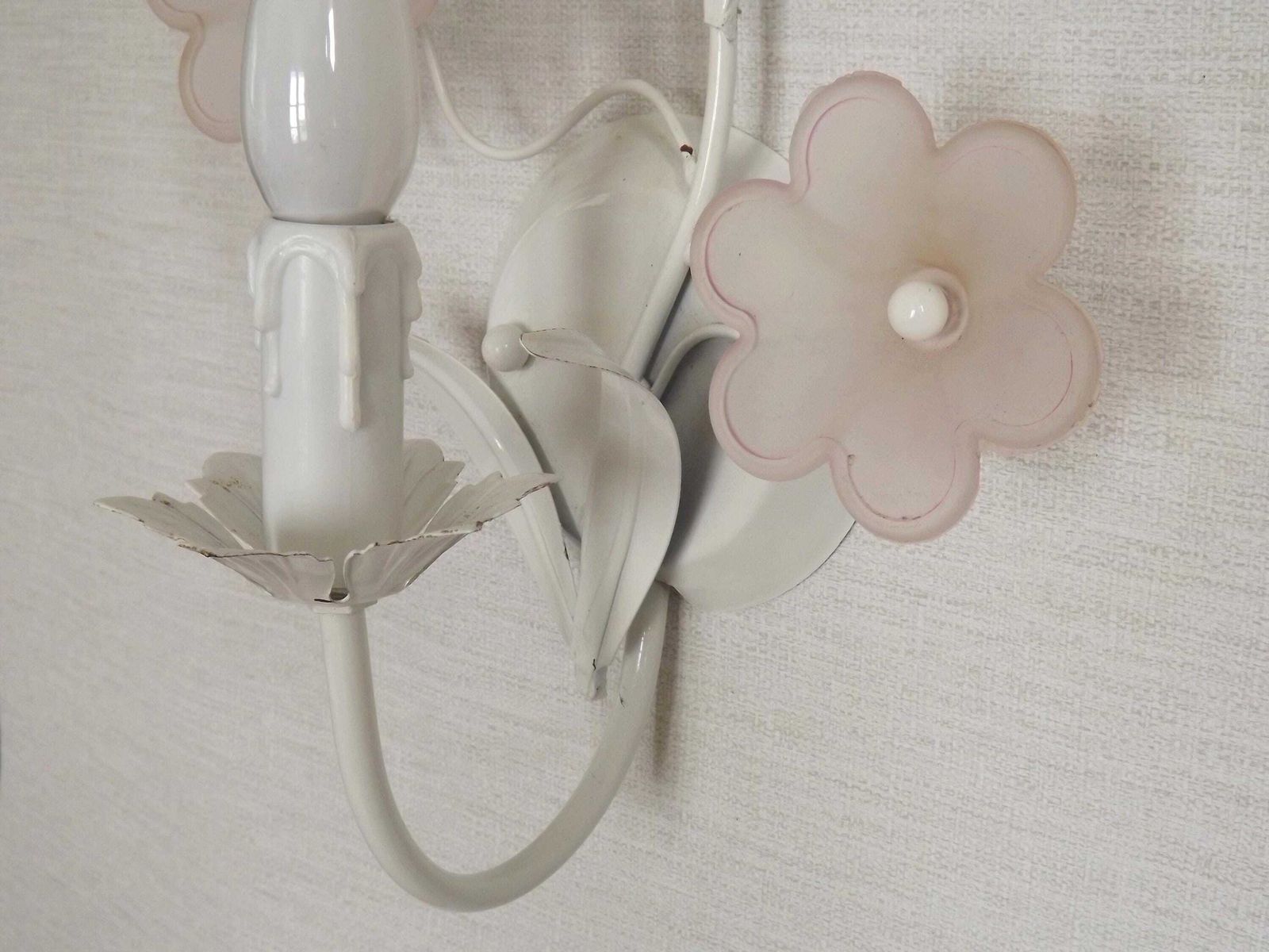 French Vintage White Toleware Double Wall Light Pink Glass Flowers   French Vintage Lighting. Double Toleware Sconce. Pink Glass Flowers. photo vinterior