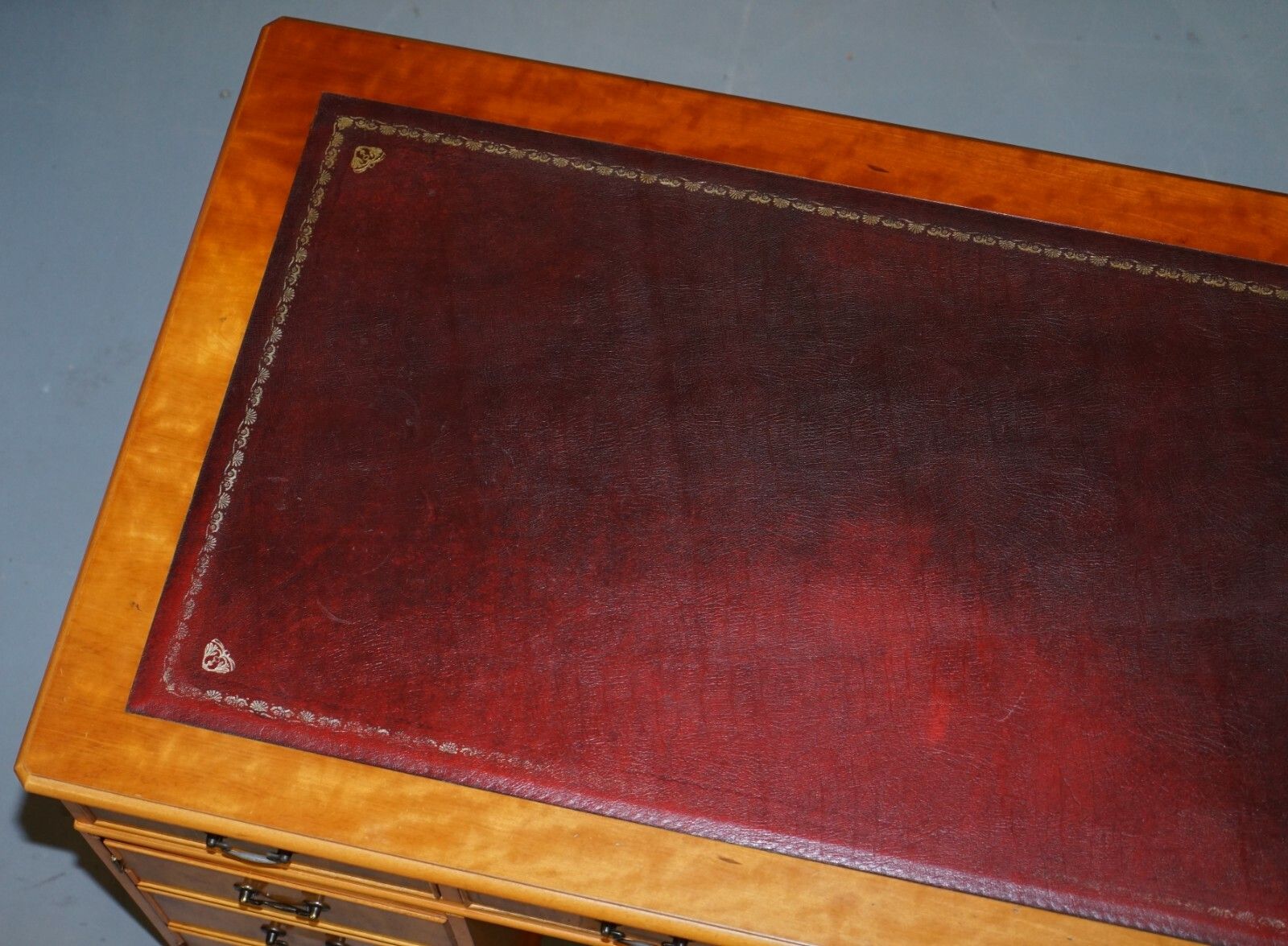 Vintage Burr Satinwood Kneehole Partner Desk Oxblood Leather Top Panelled Back photo buy