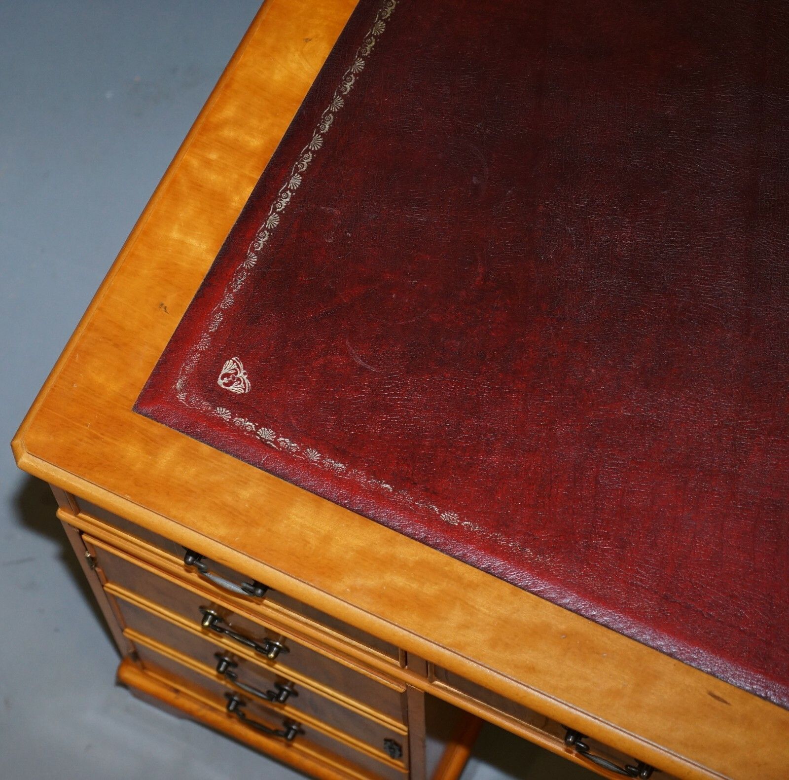 Vintage Burr Satinwood Kneehole Partner Desk Oxblood Leather Top Panelled Back photo vintage