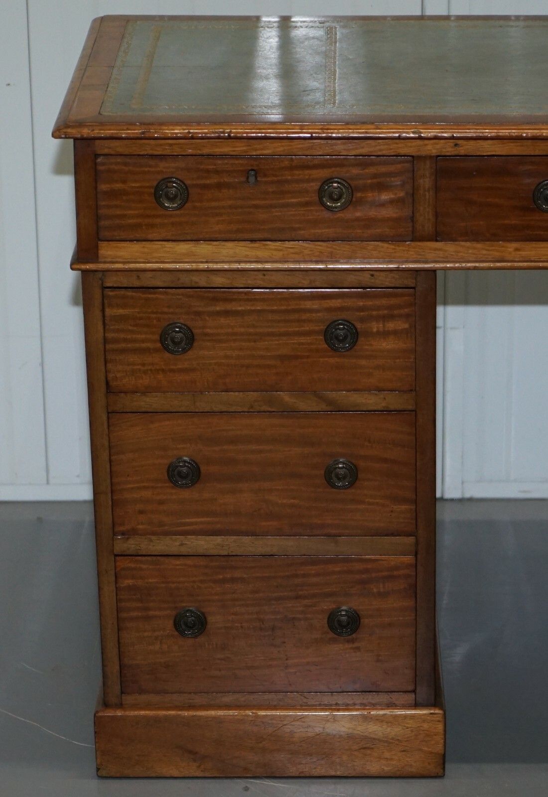 Lovely Heal & Sons Victorian Mahogany With Regency Blue Leather Top Partner Desk photo vinterior