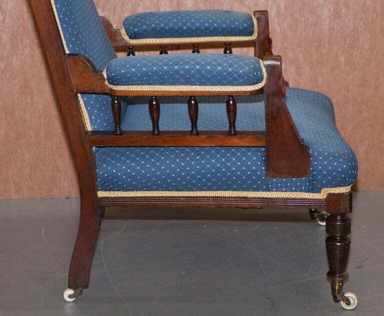 photo for sale Early Victorian Carved Hardwood Library Reading Armchair Regency Blue Upholstery