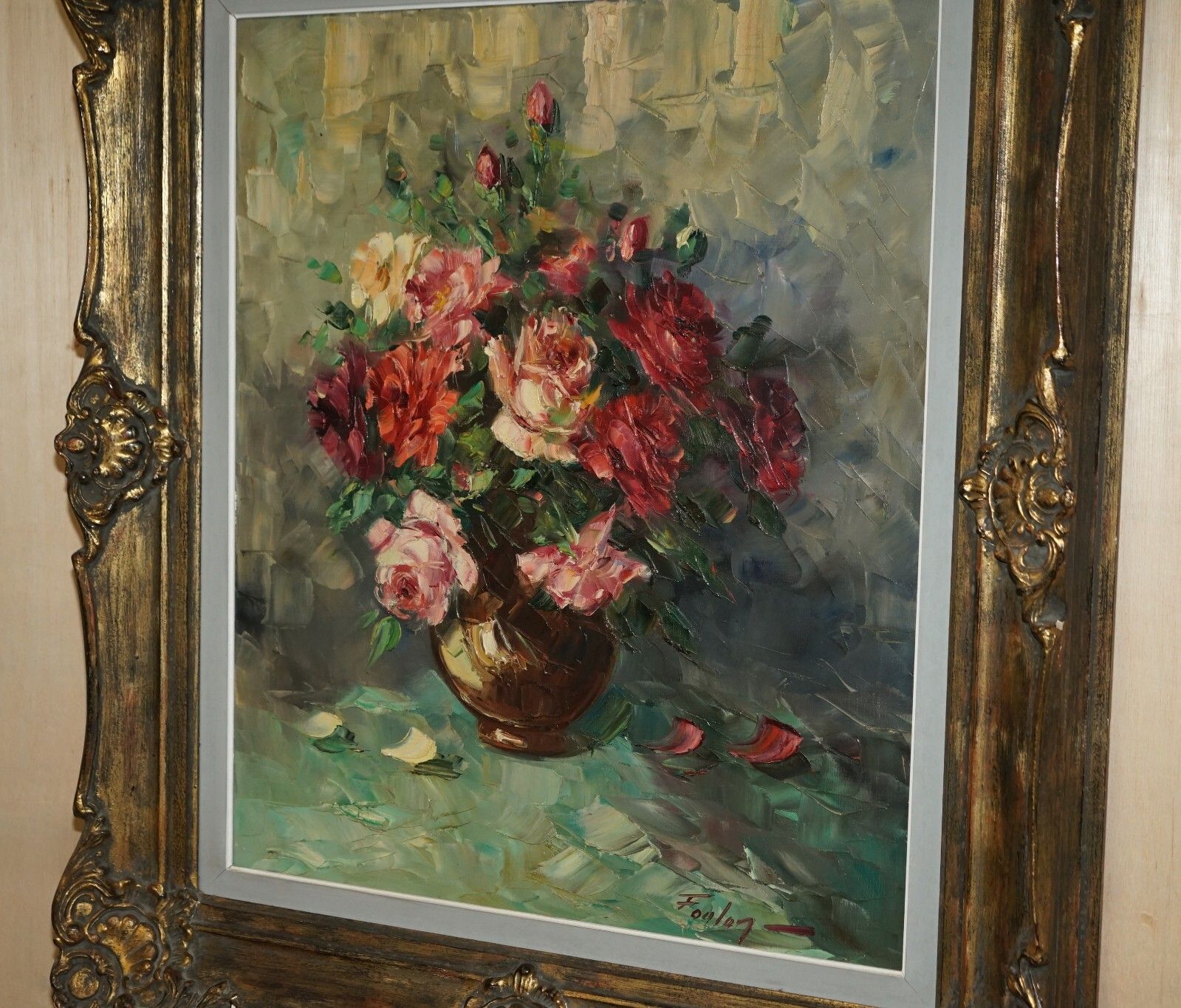 Antique French Signed Fouley Oil Painting Of Flowers Done With Palette Knife photo furniture