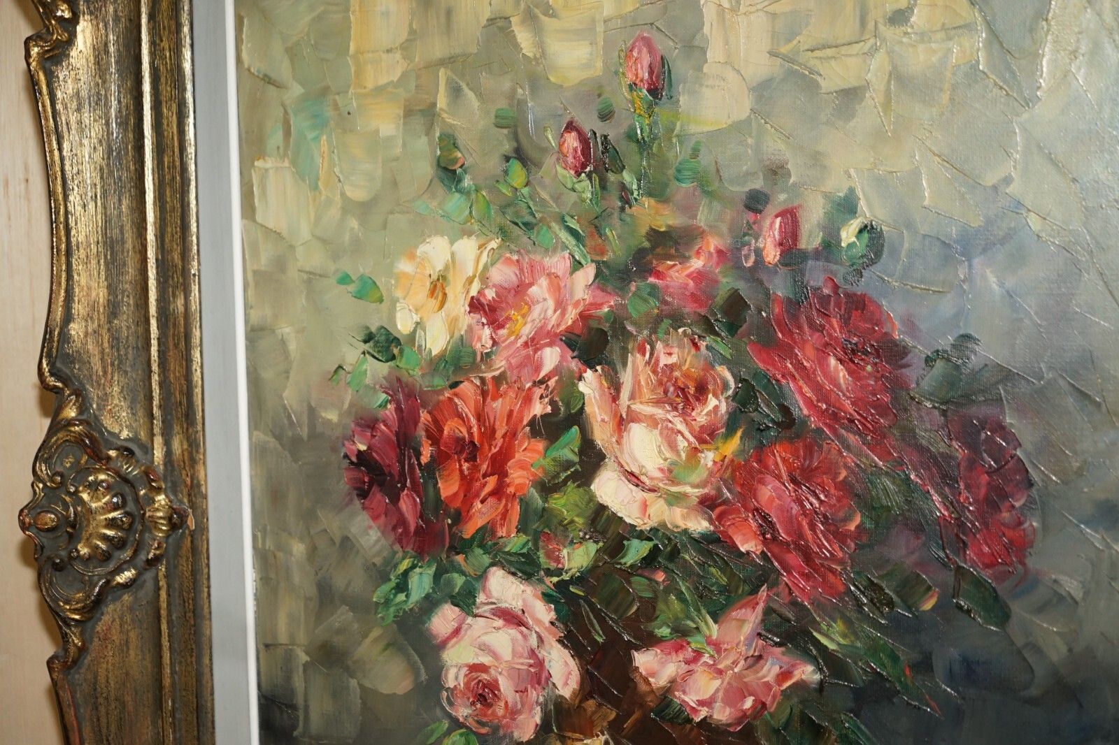 Antique French Signed Fouley Oil Painting Of Flowers Done With Palette Knife photo Art