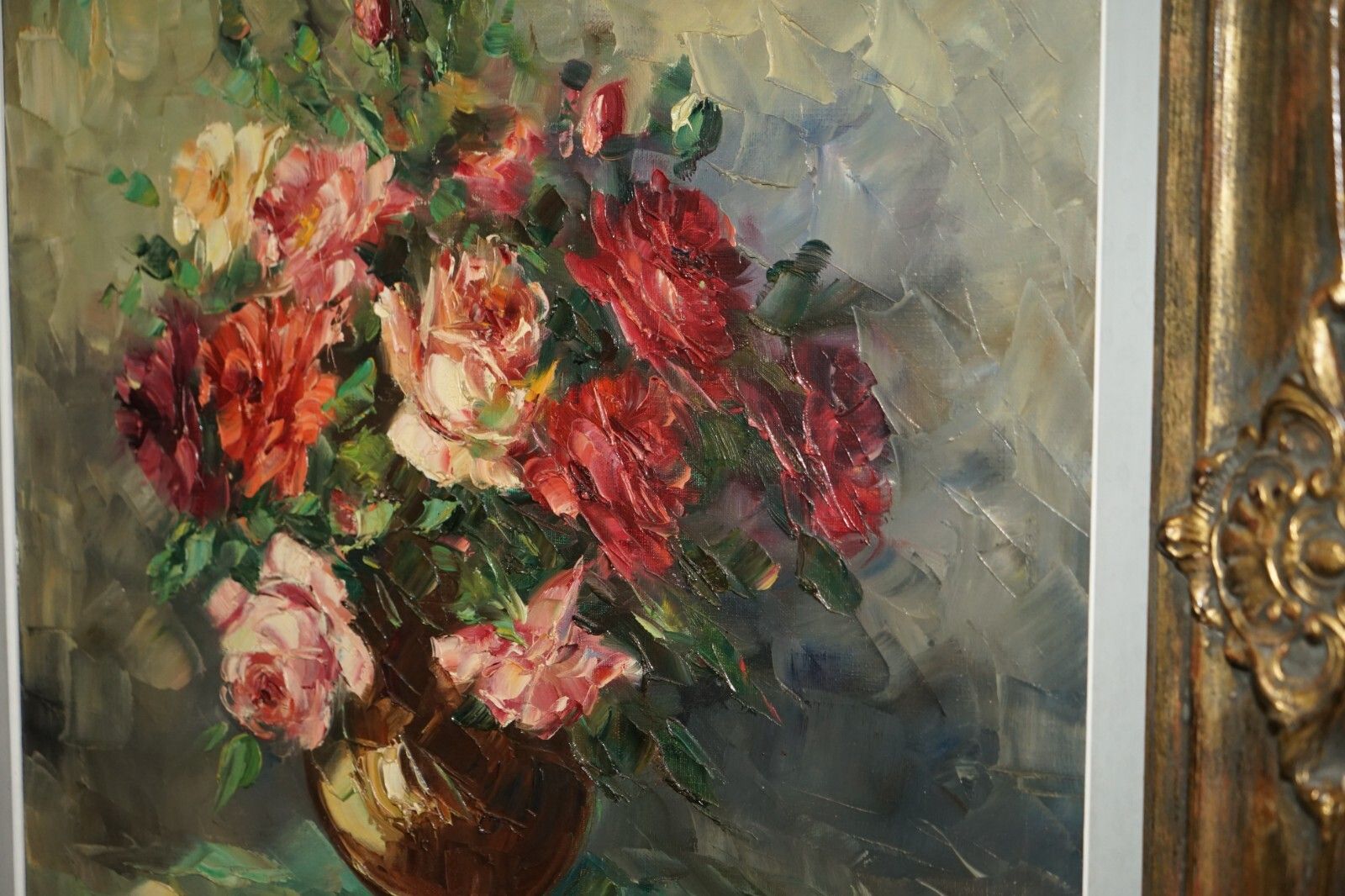 Antique French Signed Fouley Oil Painting Of Flowers Done With Palette Knife photo 1750.0