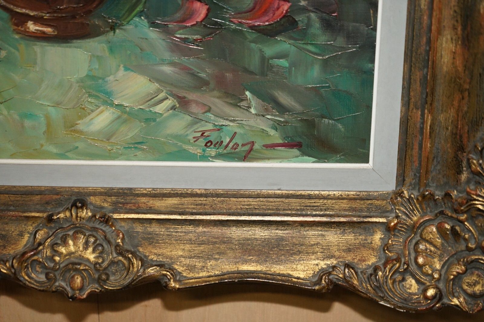 Antique French Signed Fouley Oil Painting Of Flowers Done With Palette Knife photo buy
