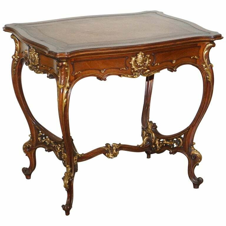 Lovely Circa 1900 Late Victorian French Pine Brown Leather Gold Gilt Desk Table