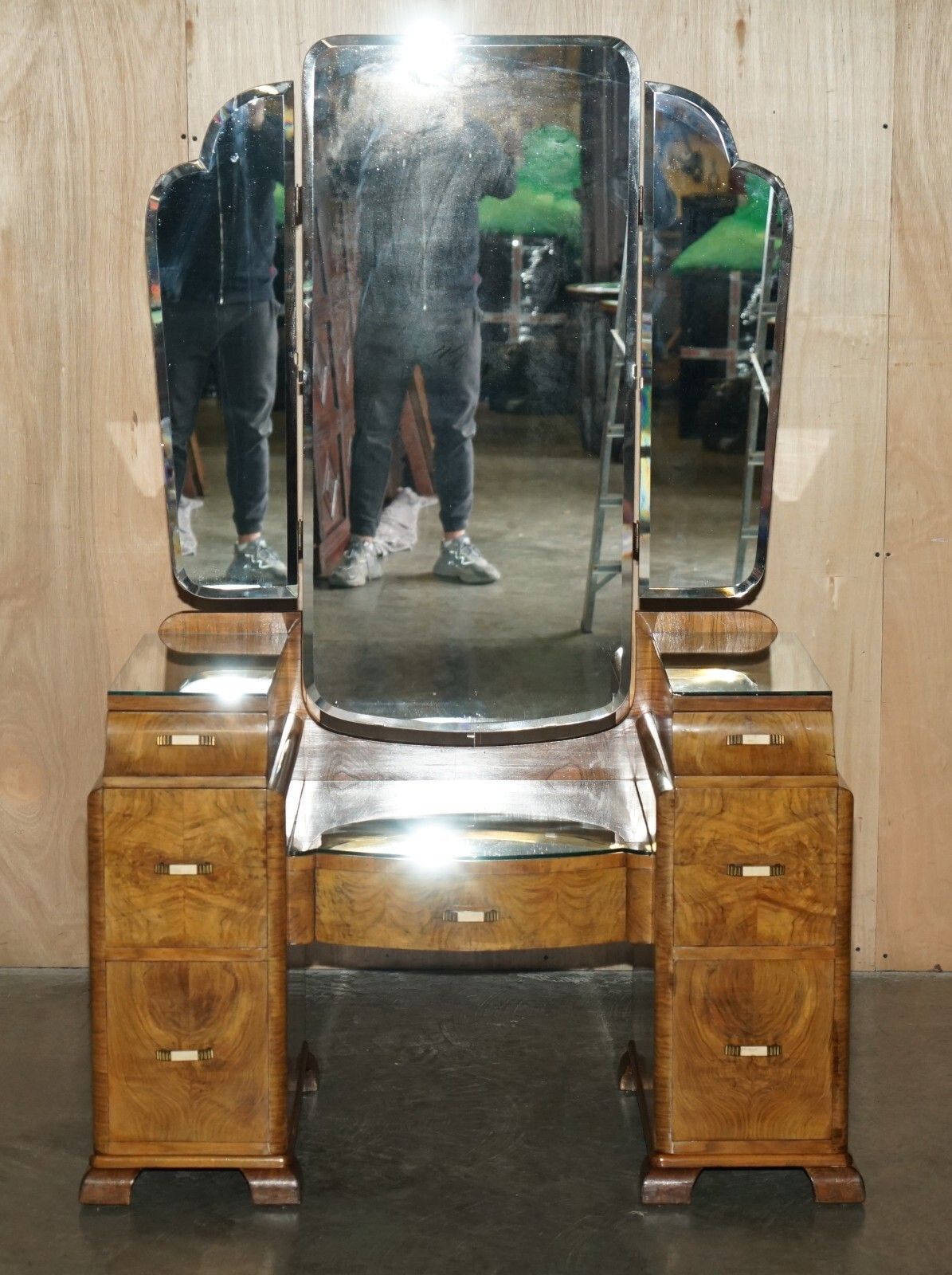 Antique Art Deco Circa 1930's Satin Walnut Dressing Table + Mirror Part Of Suite photo furniture