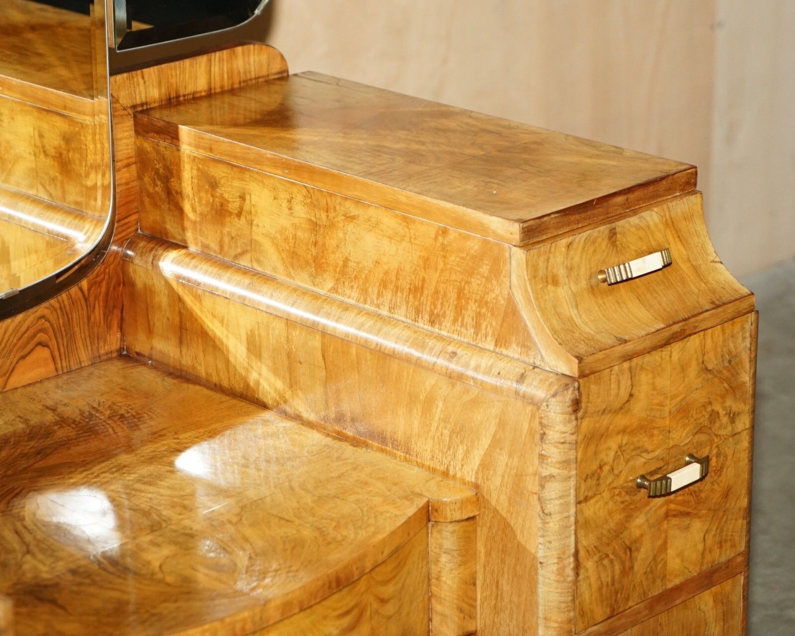 photo furniture Antique Art Deco Circa 1930's Satin Walnut Dressing Table + Mirror Part Of Suite