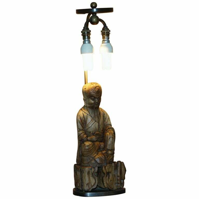 Very Rare Circa 1780 1800 Chinese Rootwood Carved Statue Of Buddha Table Lamp