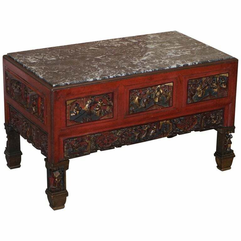 Chinese Marbel Topped Tea Or Coffee Table Using Vintage Carved Giltwood Panels
