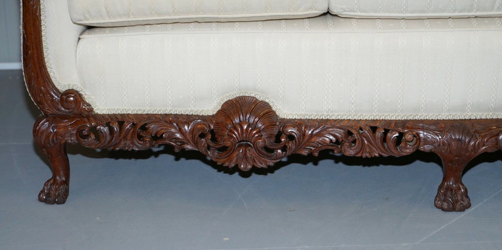 Part Of Large Suite Ornately Carved Walnut Lion Hairy Paw Feet Three Person Sofa photo vinterior