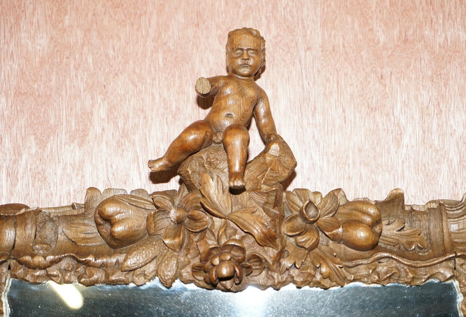 Rare Original 18th Century Ornately Carved Frame Wall Mirror With Cherub Boy photo for sale