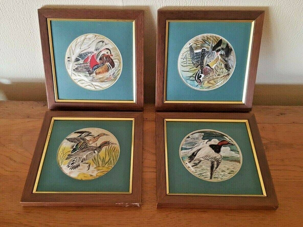 photo for sale Set Of 4 Delightful Framed Satin Mallard Bird Pictures Wooden Frames   Vintage Pictures. Bird Pictures Brown And Gold Frame. Green Mount.