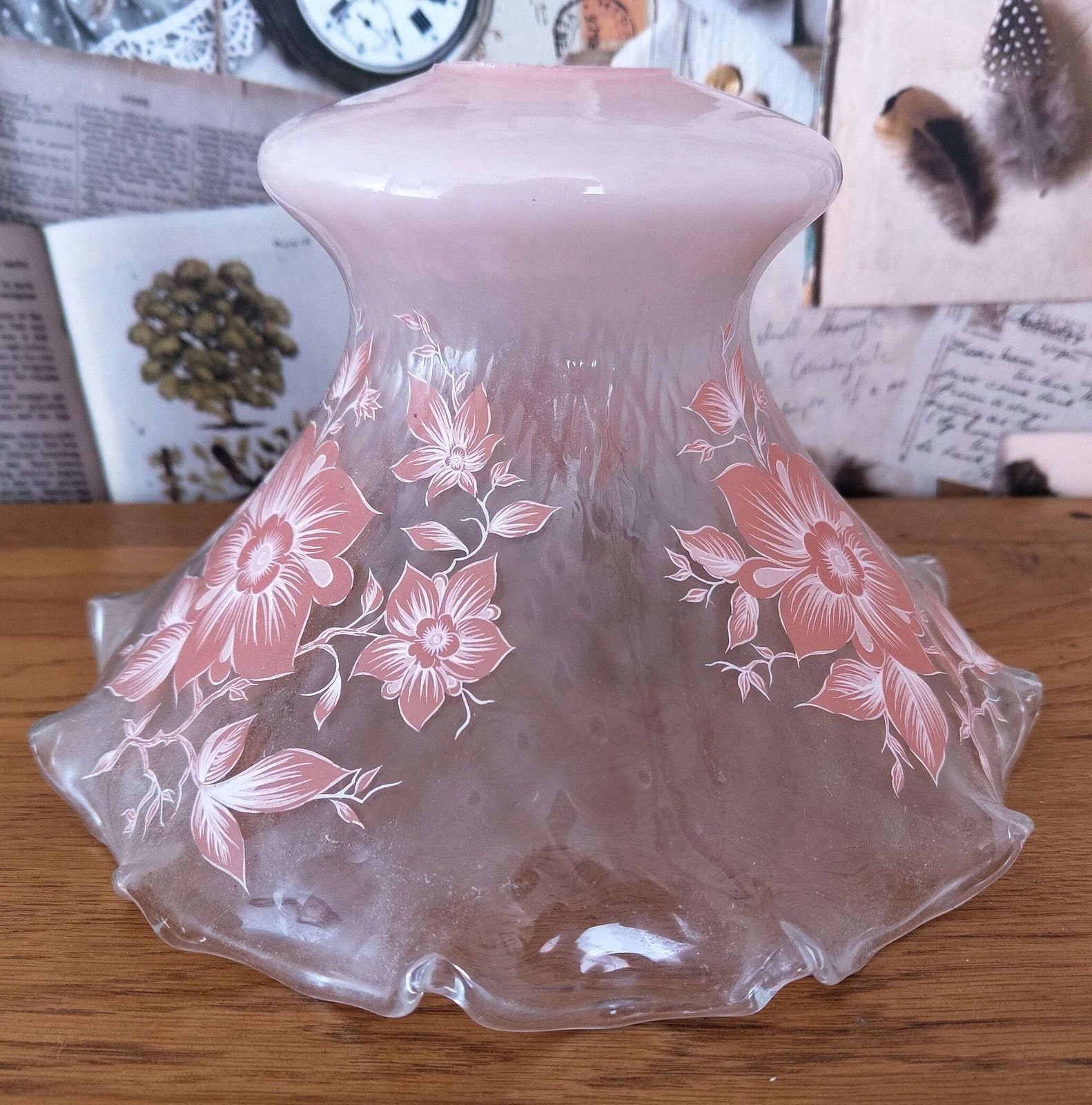 Vintage French Mid Century Light Shade In Pale Pink With Floral Decoration photo for sale