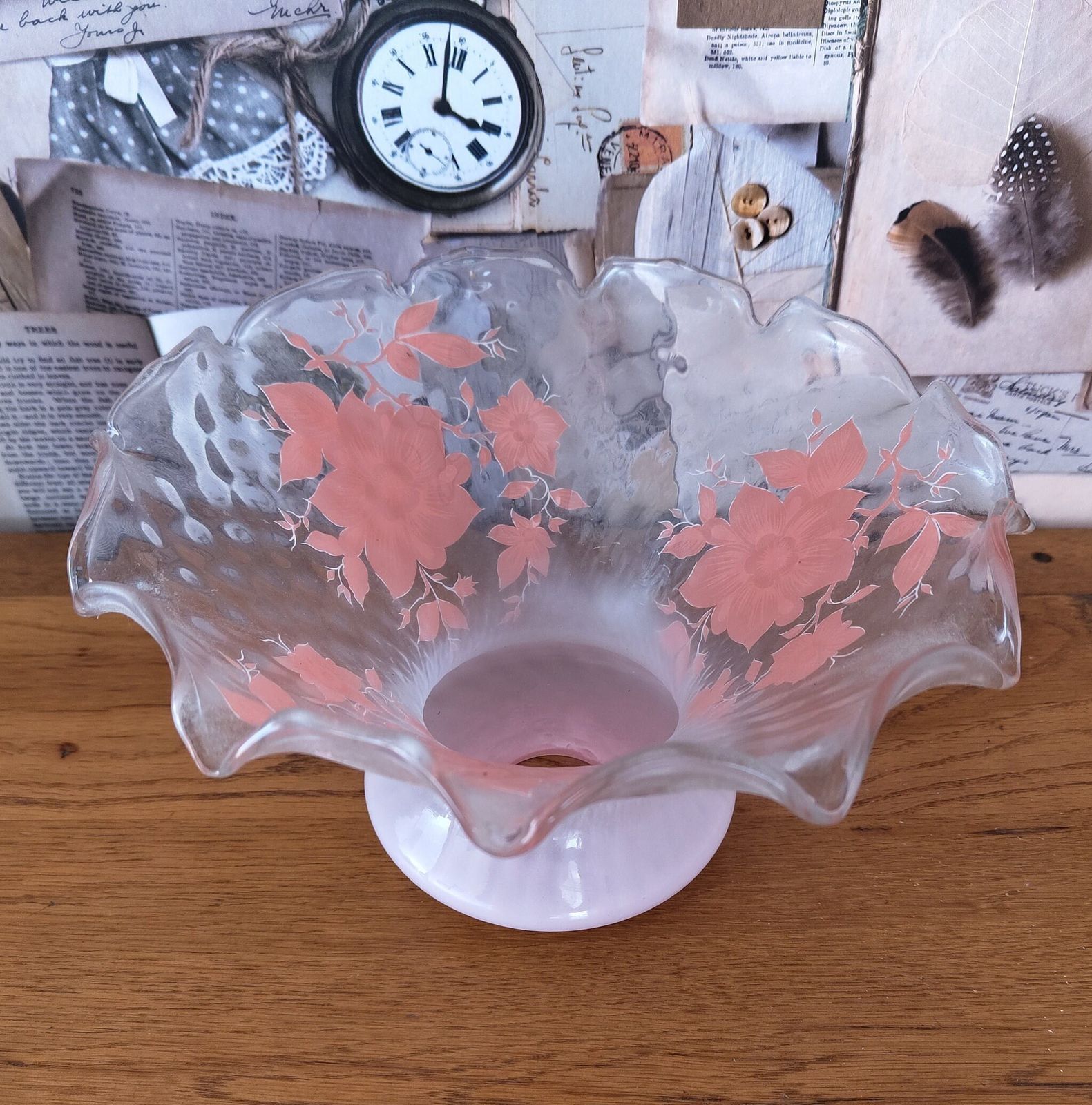 Vintage French Mid Century Light Shade In Pale Pink With Floral Decoration photo buy