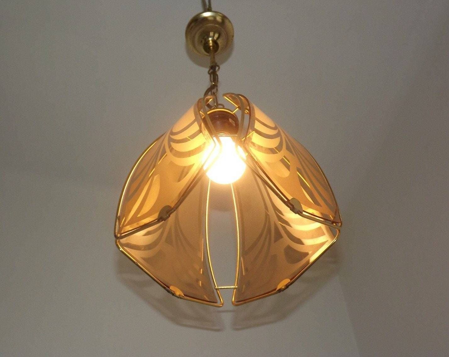 Vintage French Gold Metal Ceiling Light With 4 Decorative Glass Panels   Vintage French Lighting. Glass Panel Light; Abstract Design Panels. photo furniture