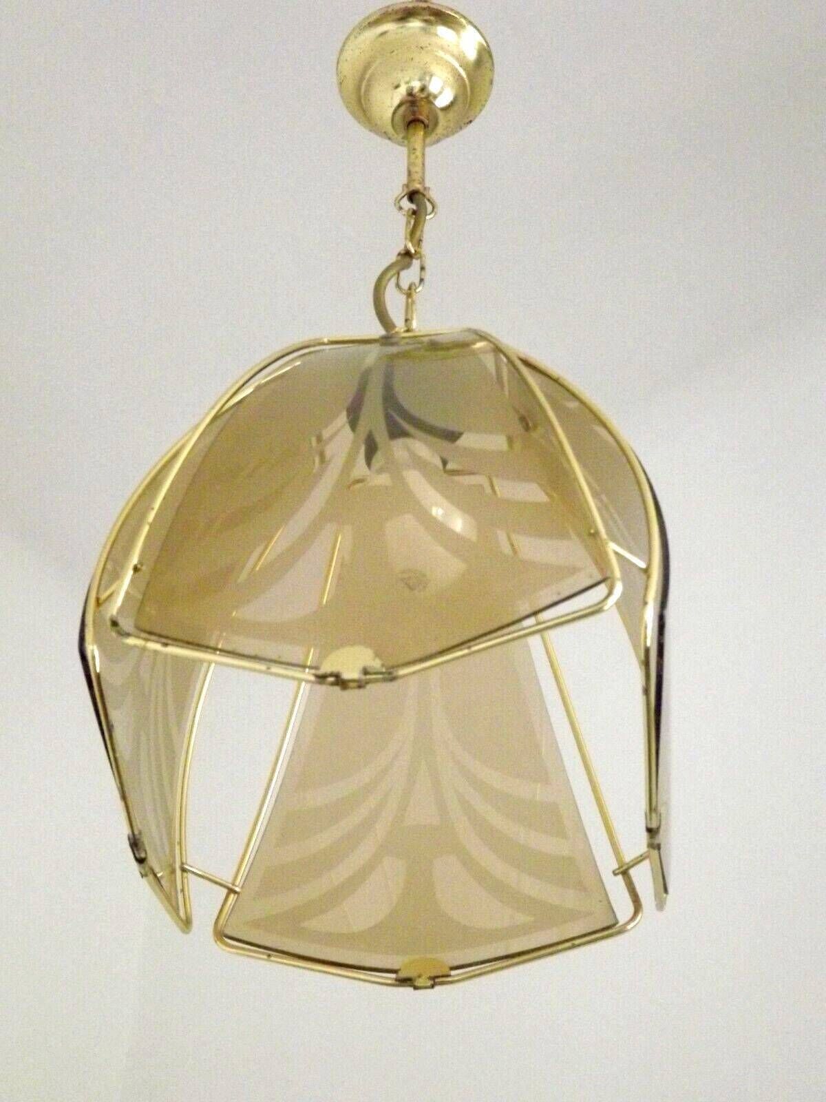 Vintage French Gold Metal Ceiling Light With 4 Decorative Glass Panels   Vintage French Lighting. Glass Panel Light; Abstract Design Panels. photo for sale