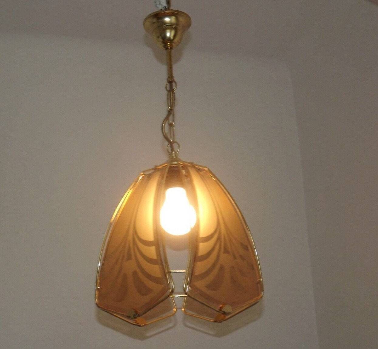 Vintage French Gold Metal Ceiling Light With 4 Decorative Glass Panels   Vintage French Lighting. Glass Panel Light; Abstract Design Panels. photo 88.0