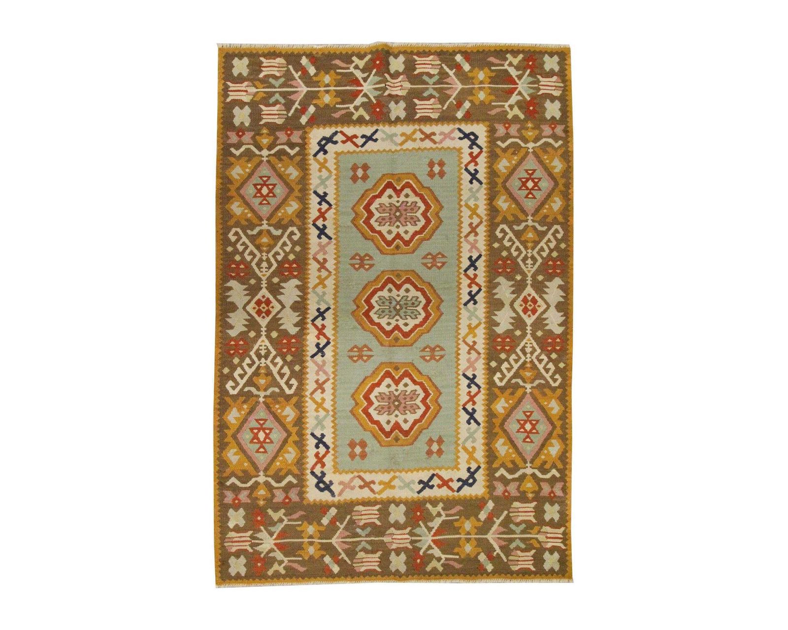 Antique Anatolian Kilim Rug, Handmade Wool Flatweave Carpet, Turquoise Blue & Mustard Geometric 141 × 93 Cm
