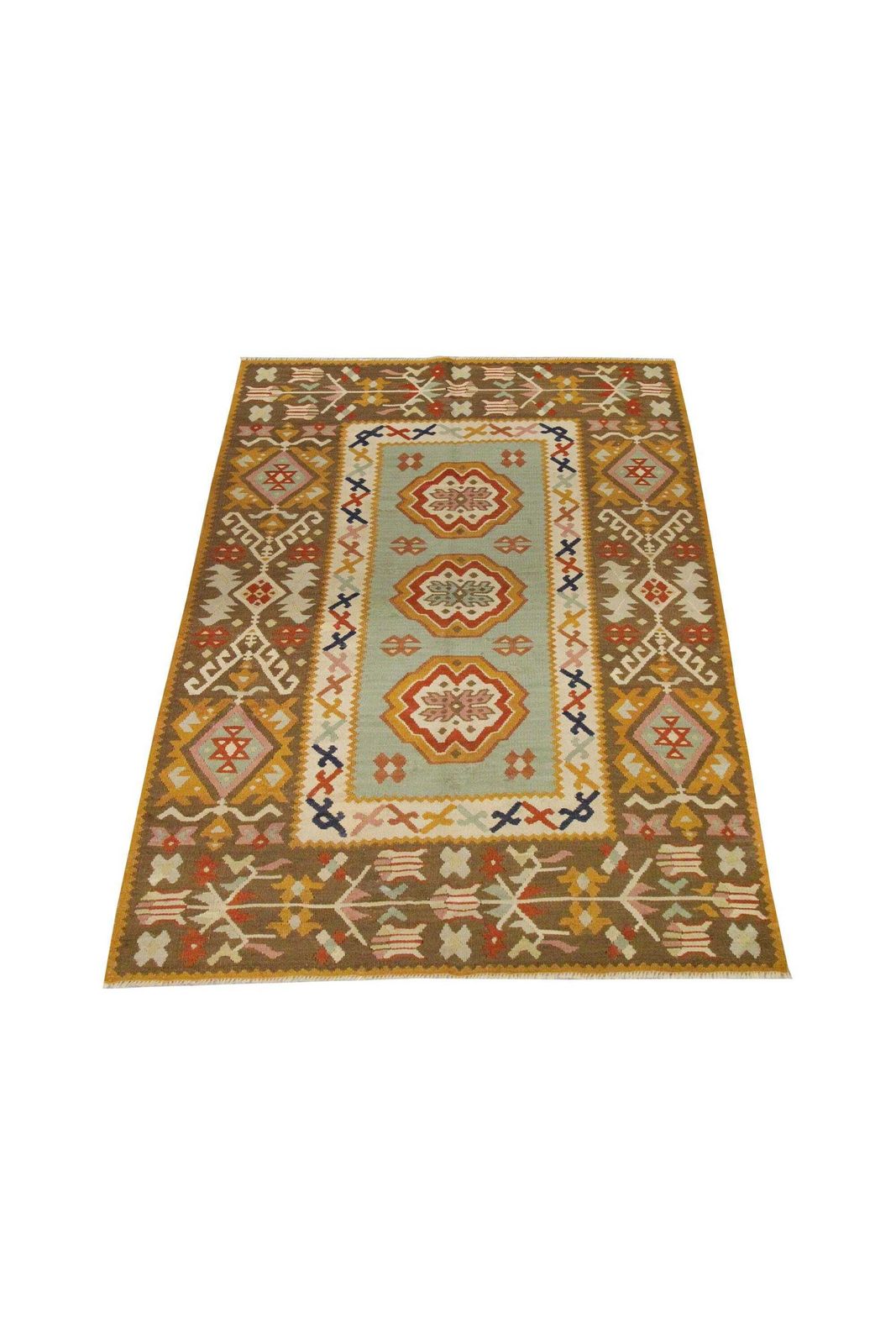 Antique Anatolian Kilim Rug, Handmade Wool Flatweave Carpet, Turquoise Blue & Mustard Geometric 141 × 93 Cm photo furniture