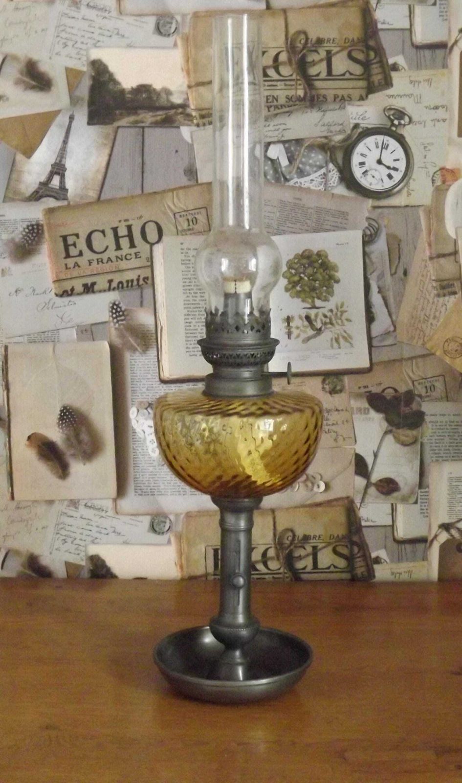 French Antique Oil Lantern Pewter Candle Base Amber Oil Well & Glass Funnel   French Oil Lnatern. Amber Glass Bowl. Upcycled Oil Lnatern. photo furniture