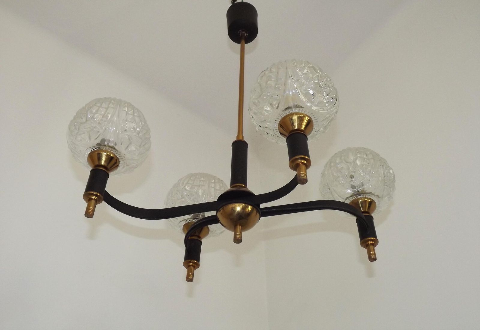 French Vintage Mid Century Black & Gold 4 Arm Chandelier With Clear Cut Glass Shades – 1950s/60s  French Vintage Lighting. Retro Lighting.